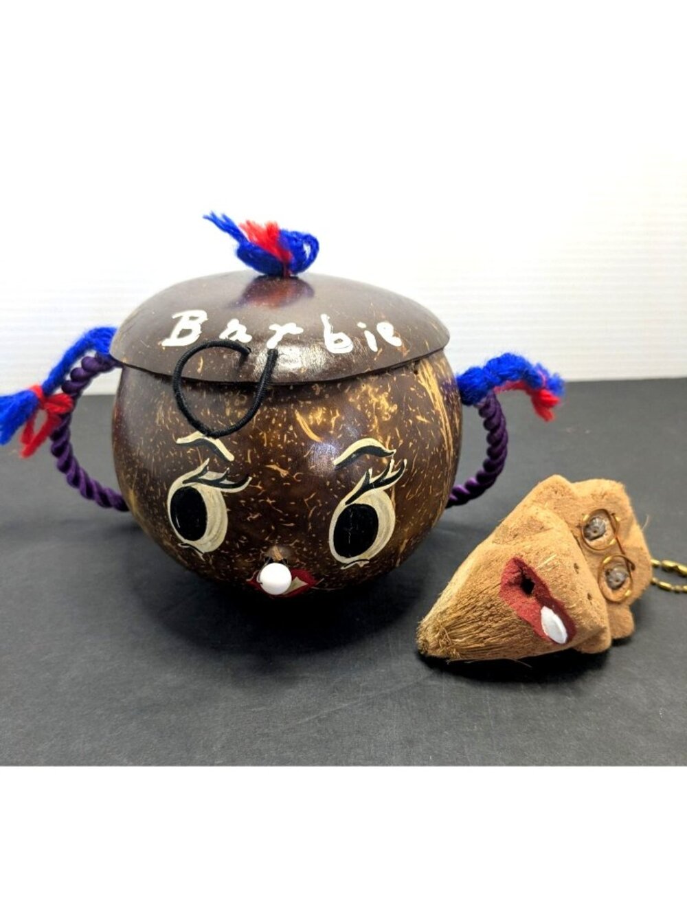 Vtg. Barbie Florida Coconut Purse Lid & Girl Face Design + Monkey Keychain